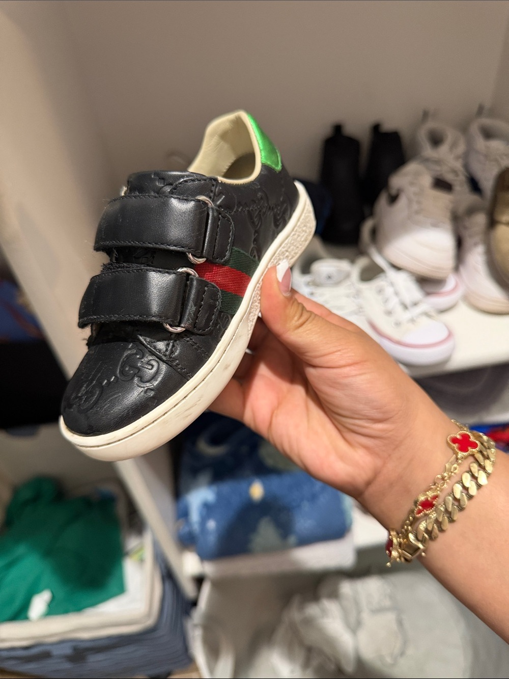 Kids Gucci Black Leather Sneaker with Green Accent and Red Stripe